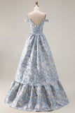 Light Blue Floral Off The Shoulder A-Line Corset Prom Dress