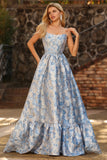 Light Blue Floral Off The Shoulder A-Line Corset Prom Dress
