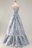 Off The Shoulder Light Blue Jacquard A-Line Corset Prom Dress