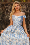 Light Blue Floral Off The Shoulder A-Line Corset Prom Dress