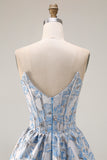 Off The Shoulder Light Blue Jacquard A-Line Corset Prom Dress