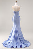 Halter Mermaid Light Blue Corset Beaded Prom Dress