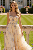 Yellow Flower Print A-Line Prom Dress With Ruffles