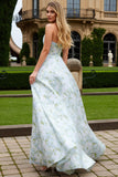 Strapless Blue White Flower A-Line Prom Dress With Pockets