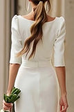 Sheath Ivory Bateau Neck Midi Engagement Dress With Half Sleeves