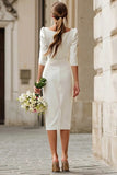 Sheath Ivory Square Neck Midi Engagement Dress with Slit