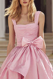 Tiered A-Line Pink Rucehd Prom Dress With Bow