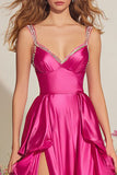 Fuchsia Satin A-Line Spaghetti Straps Ruffle Prom Dress With Slit
