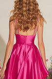 Fuchsia Satin A-Line Spaghetti Straps Ruffle Prom Dress With Slit