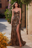 Brown Leopard Spaghetti Straps Prom Dress With Slit