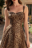 Brown Leopard A-Line Thick Straps Maxi Prom Dress