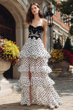 White Black Dots Strapless Ruffled A-Line Prom Dress With Slit