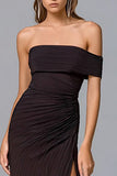 Coffee Off The Shoulder Sheath Pleated Formal Dress With Slit