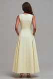 Light Yellow A-Line Boat Neck Wedding Guest Dress With Pockets