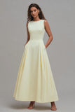 Light Yellow A-Line Boat Neck Wedding Guest Dress With Pockets