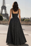 A-Line Black White Dot Square Neck Maxi Dress