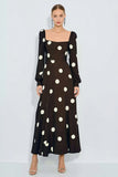 Brown A-Line Long Sleeve Polka Dot Dress