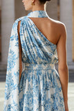 One Shoulder A-Line White Blue Flower Midi Wedding Guest Dress