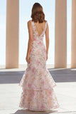 Pink Floral Mermaid V Neck Maxi Wedding Guest Dress