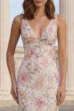 Pink Floral Mermaid V Neck Maxi Wedding Guest Dress