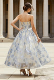 Dusty Blue Strapless A-Line Jacquard Floral Dress