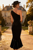 One Shoulder Black Velvet Mermaid Midi Cocktail Dress