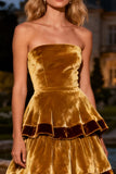 Brown Velvet Strapless A Line Tiered Ruffle Maxi Holiday Party Dress