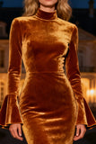 Mermaid Brown Velvet Flare Sleeve Long Formal Dress With Slit