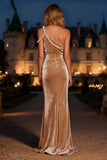 Velvet One Shoulder Champagne Maxi Holiday Dress With Pearls