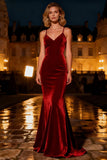 Burgundy Mermaid Velvet Spaghetti Straps Maxi Holiday Dress