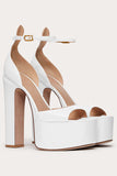 Black Platform Hunky Heel Sandals With Ankle Strap