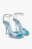 Dark Green Open Toe Stiletto Heels With Rhinestones Ankle Strap