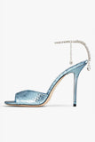 Dark Green Open Toe Stiletto Heels With Rhinestones Ankle Strap