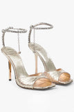 Dark Green Open Toe Stiletto Heels With Rhinestones Ankle Strap