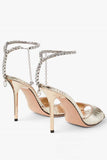 Dark Green Open Toe Stiletto Heels With Rhinestones Ankle Strap