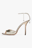 Dark Green Open Toe Stiletto Heels With Rhinestones Ankle Strap