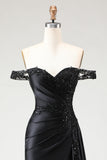 Black Off The Shoulder Appliqued Mermaid Prom Dress With Slit