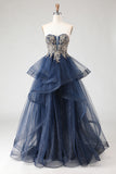 Glitter Navy Strapless Appliqued Princess Prom Dress