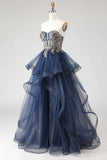 Glitter Navy Strapless Appliqued Princess Prom Dress