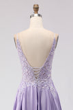 Purple A-Line Satin Appliqued Prom Dress With Slit