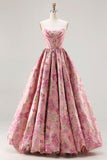 Princess Pink Jacquard Strapless Corset Prom Dress With Lace Up Back