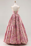 Princess Pink Jacquard Strapless Corset Prom Dress With Lace Up Back