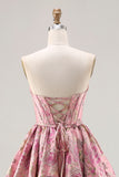 Princess Pink Jacquard Strapless Corset Prom Dress With Lace Up Back