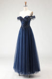 Glitter Navy A-Line Off The Shoulder Corset Prom Dress With Beading