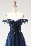 Glitter Navy A-Line Off The Shoulder Corset Prom Dress With Beading