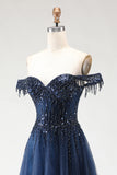 Glitter Navy A-Line Off The Shoulder Corset Prom Dress With Beading