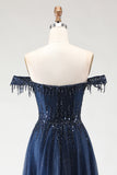 Glitter Navy A-Line Off The Shoulder Corset Prom Dress With Beading