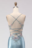Mermaid Grey Blue Corset Satin Prom Dress With Slit