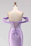 Purple Off The Shoulder Mermaid Beaded Corset Prom Dress With Slit