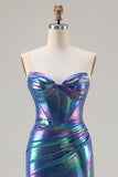 Metallic Navy Strapless Corset Mermaid Prom Dress With Slit